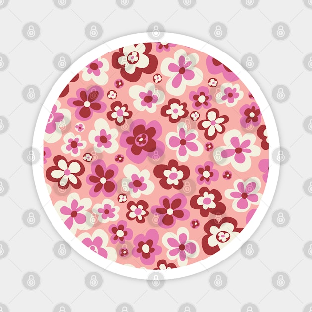 retro florals pattern, 70s groovy flowers, flower market, scandinavian florals, danish style, pink, red, burgundy, peach Magnet by blomastudios